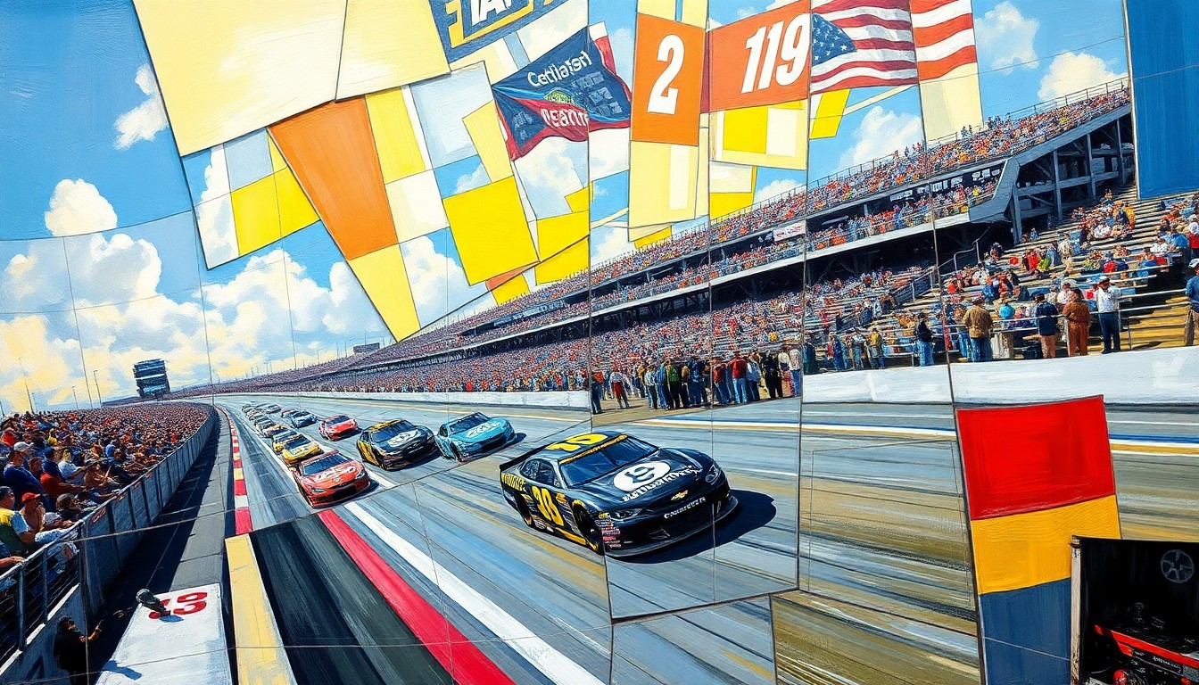 A fragmented, geometric painting depicting the overlapping planes and perspectives of a NASCAR race, with cars and track elements broken down into sharp, angular shapes and forms.