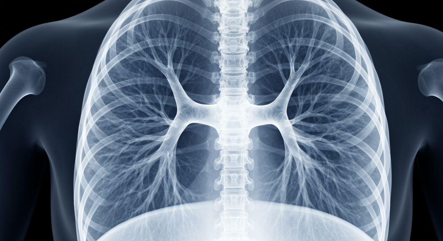A translucent, ghostly x-ray image of a human lung, revealing the delicate internal structures in glowing lines against a dark background, conceptually representing the medical complexities of cystic fibrosis.