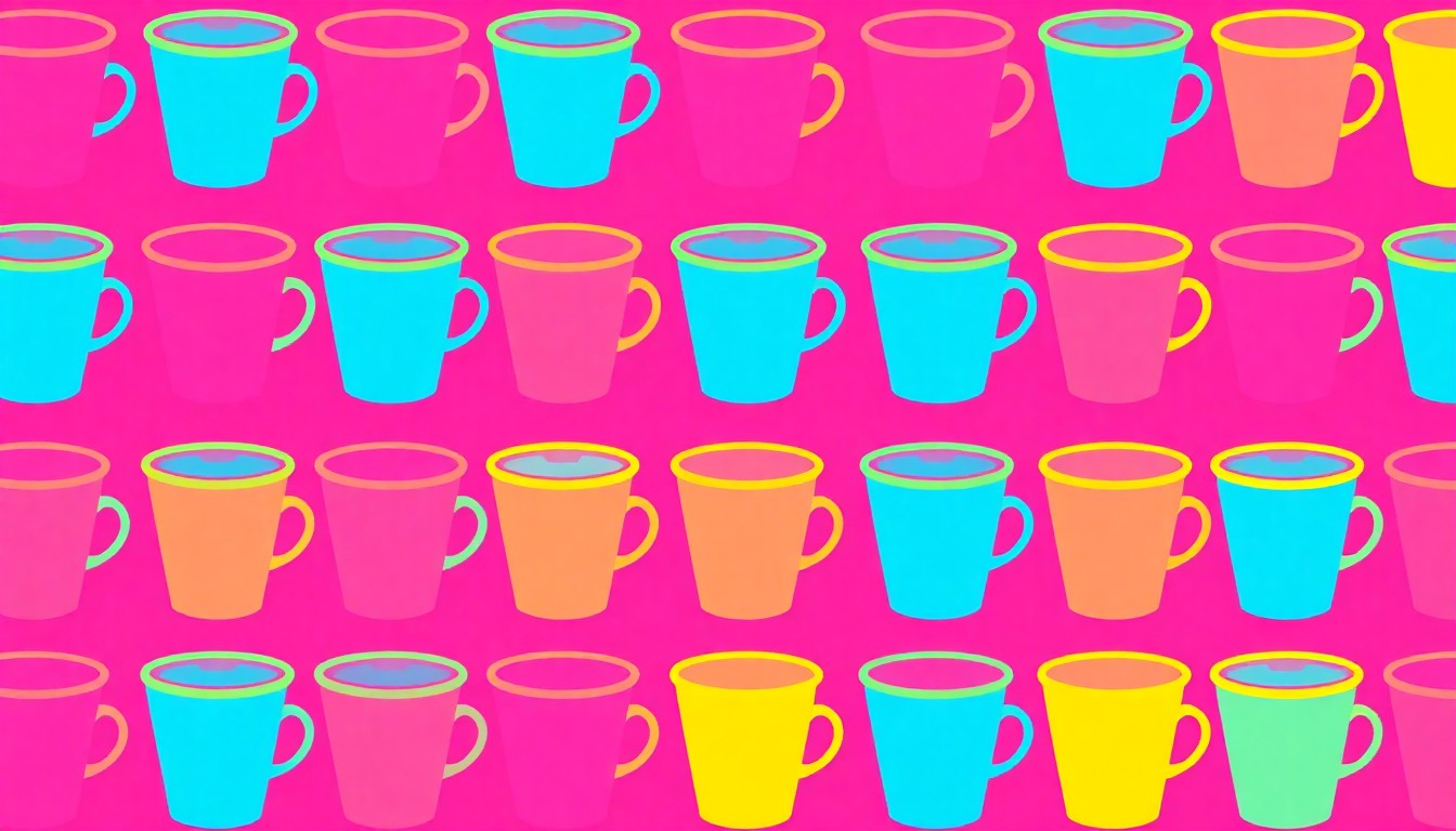 A bold, colorful silkscreen print featuring a single coffee cup icon repeated in a grid pattern, capturing the vibrant energy of a new cafe opening in an up-and-coming neighborhood.