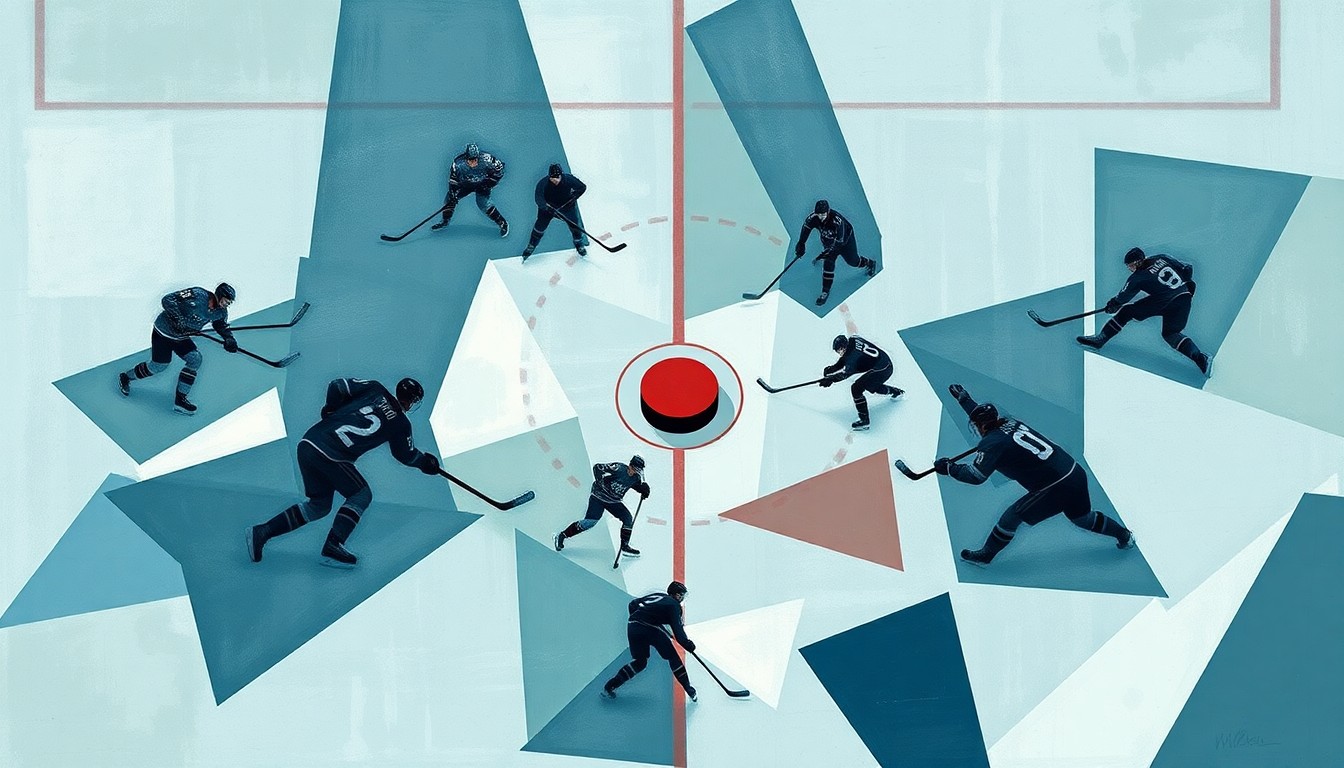 A cubist-style painting depicting a hockey game, with the players and ice reduced to angular, intersecting shapes in muted colors, the puck a bright red focal point.