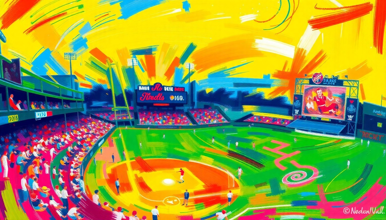 An abstract painting featuring bold, sweeping brushstrokes in neon shades of blue, green, and orange, capturing the raw energy and intensity of a college baseball game.