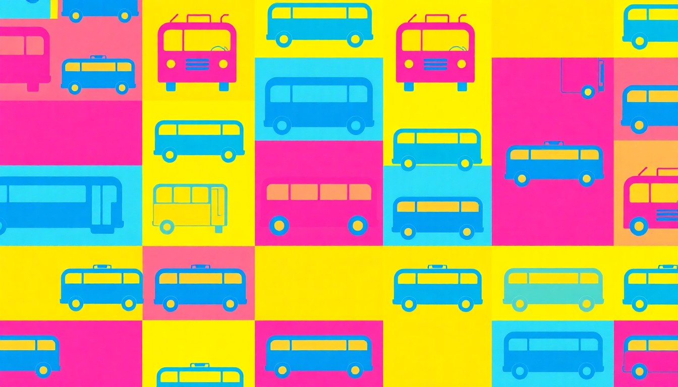 A boldly colored, abstract grid of stylized bus icons in neon blue, pink, and yellow, conceptually representing the transit-oriented development plans for the LinkUS West Broad corridor.