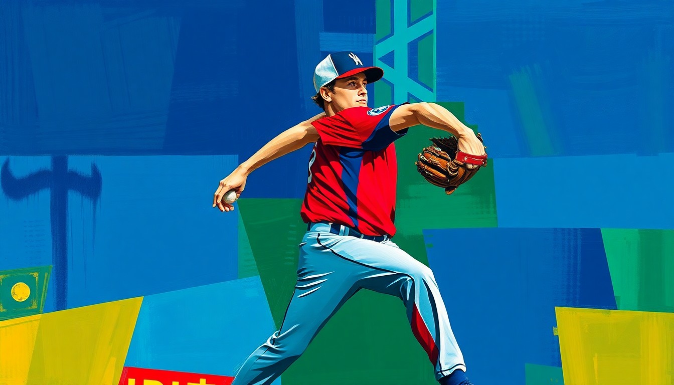 A fragmented, geometric painting depicting the motion and energy of a college baseball pitcher's delivery, with sharp planes of navy, crimson, and green overlapping to create a dynamic, abstract representation of the sport.