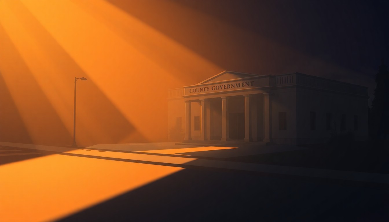A serene, painterly image of a county government building in warm, golden light, conveying a sense of civic duty and political change.