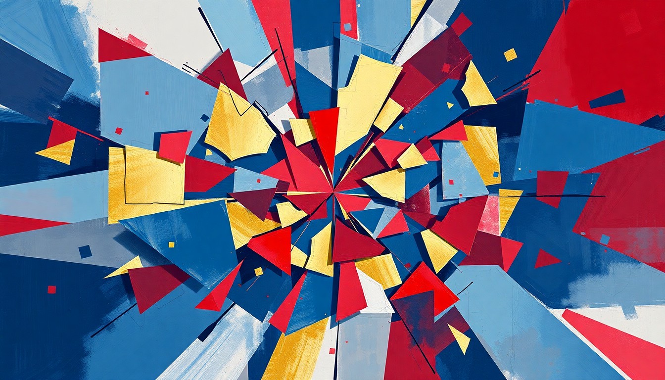 A vibrant, abstract painting featuring overlapping, fragmented geometric shapes in shades of blue, red, and gold, conveying the high-stakes and chaotic nature of the battle for control of the US Senate.