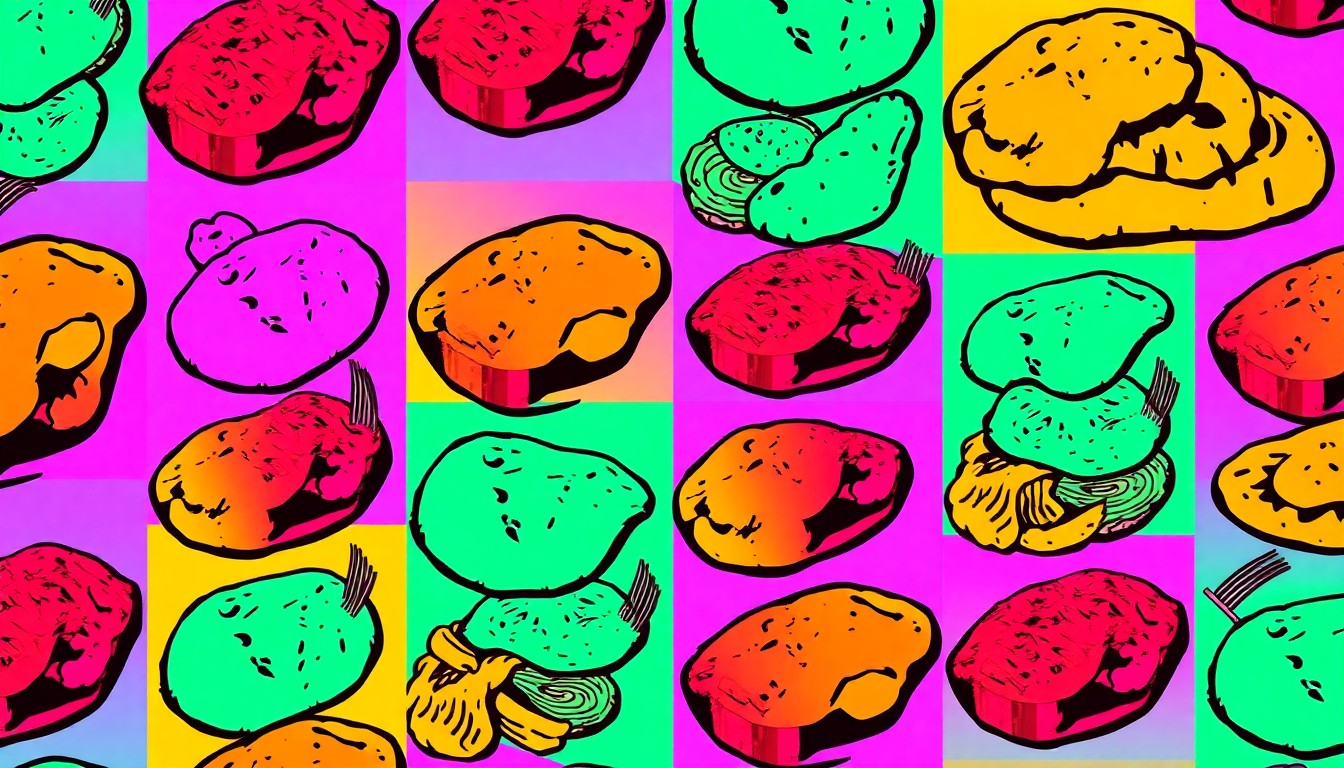 A bold, colorful silkscreen print featuring a repeated image of a classic Indianapolis restaurant dish, such as a steak, fried chicken, or Greek entree, rendered in a high-contrast, neon-tinged pop art style that celebrates the city's rich culinary history.