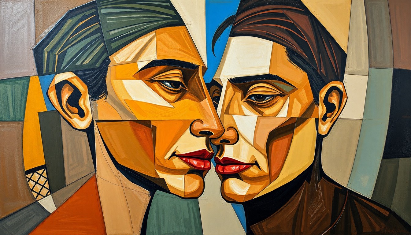 A cubist-style painting featuring fragmented geometric shapes in shades of blue, red, and yellow, conveying the emotional complexity and turmoil of a high-profile celebrity breakup.