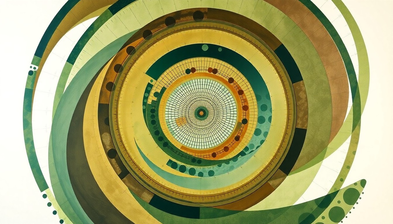 A highly abstract, geometric painting in muted earth tones, featuring sweeping arcs, concentric circles, and intricate spirals, conceptually representing the complex genetic interactions underlying Alzheimer's disease.