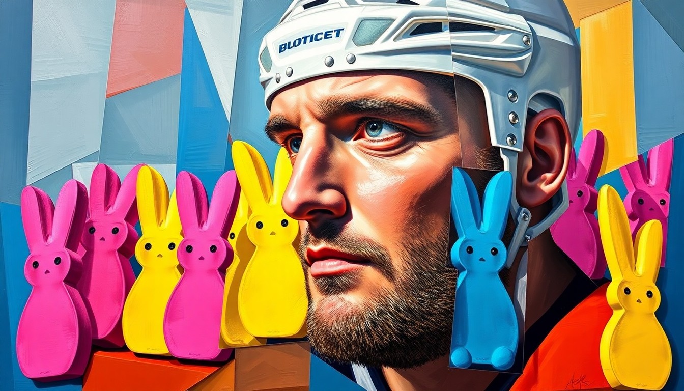 A fractured, multi-perspective painting in the style of Pablo Picasso, breaking down the hockey player Alex Ovechkin and the Peeps sculpture into sharp, overlapping geometric planes of bright yellow, pink, and blue.