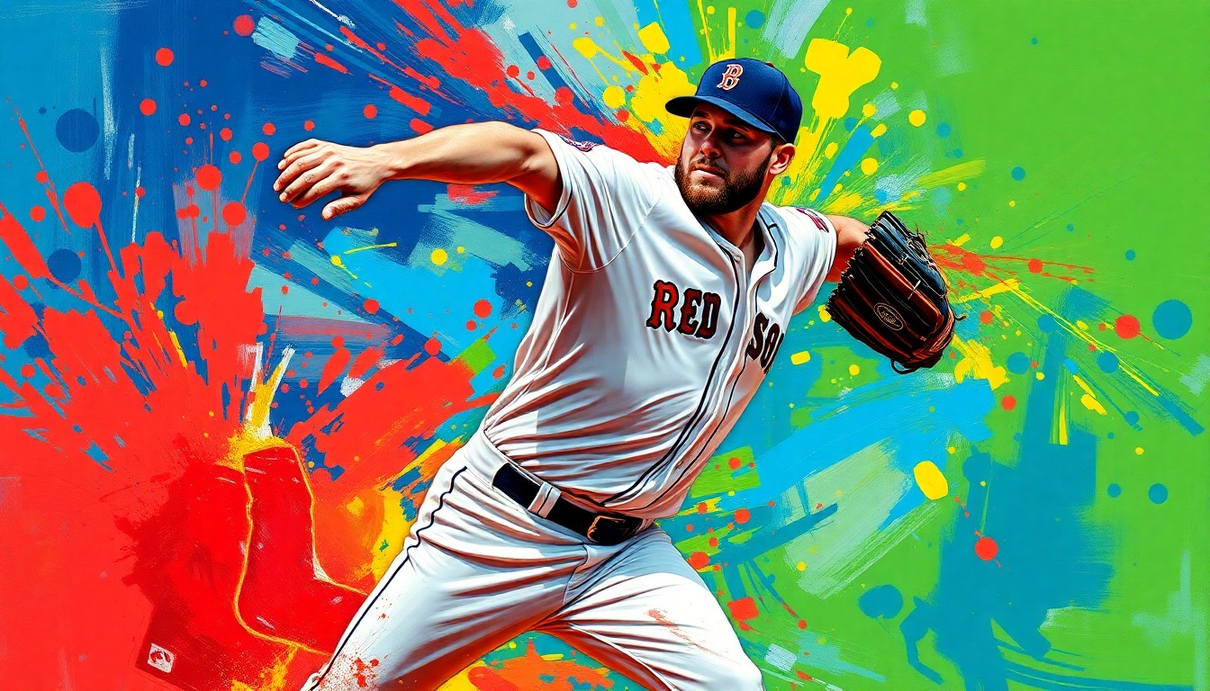 An extreme close-up of Garrett Crochet's pitching motion, captured in a vibrant, expressionist style with neon colors and rapid brushstrokes, conveying the raw energy and intensity of the moment.