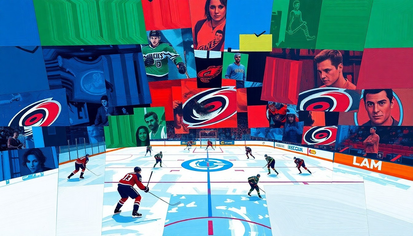 A fractured, geometric painting depicting the dynamic action of a hockey game, with sharp planes of color representing the players and the intensity of the competition.