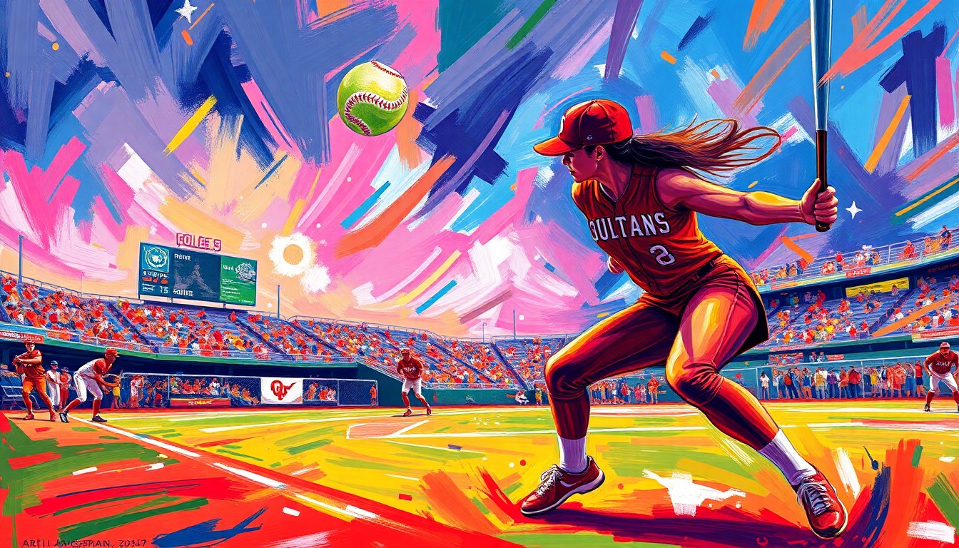An abstract, energetic painting featuring bold brushstrokes in neon shades of orange, pink, and blue, conveying the intensity and excitement of a high-stakes college softball matchup.