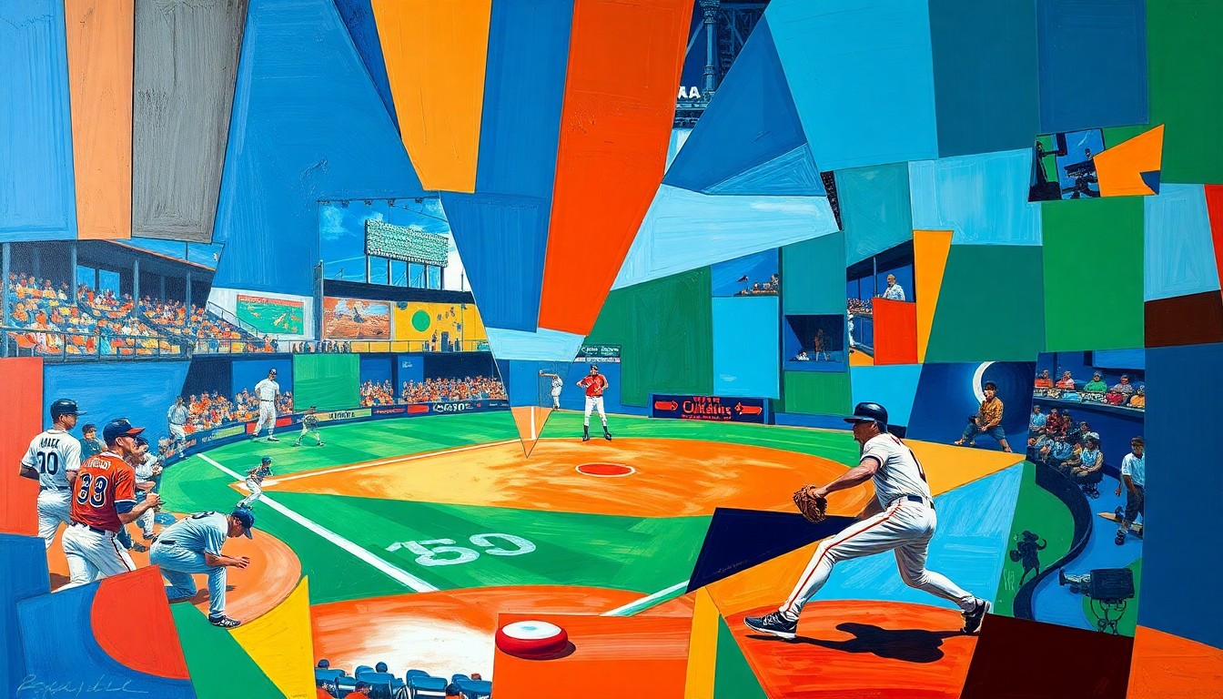 A fractured, multi-perspective painting in bold, vibrant colors depicting a baseball player's form broken down into sharp, overlapping geometric planes, capturing the dynamic and unpredictable nature of prospect development.