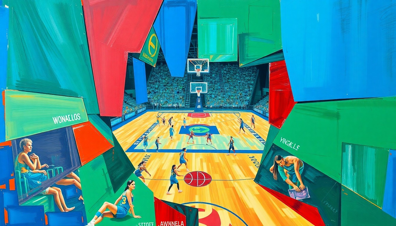A cubist, geometric painting depicting the dynamic movements and energy of a WNBA basketball game, with overlapping shapes and planes of vibrant colors representing the competitive spirit of the league.