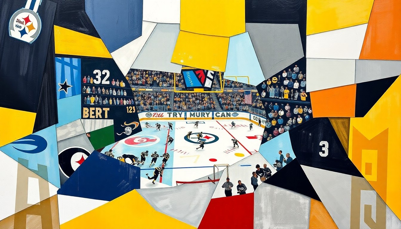 A cubist, geometric painting depicting fragmented scenes of a football game, a hockey match, and a college hockey tournament, using the official team colors of the Pittsburgh Steelers, Pittsburgh Penguins, and Robert Morris Colonials to conceptually represent the interconnected narratives of these local sports stories.