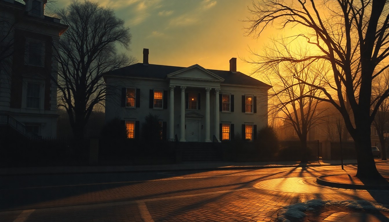 A cinematic painting of the exterior of the President's House in Philadelphia, with the building bathed in warm, diagonal sunlight and deep shadows, conveying a sense of historical weight and solemnity.