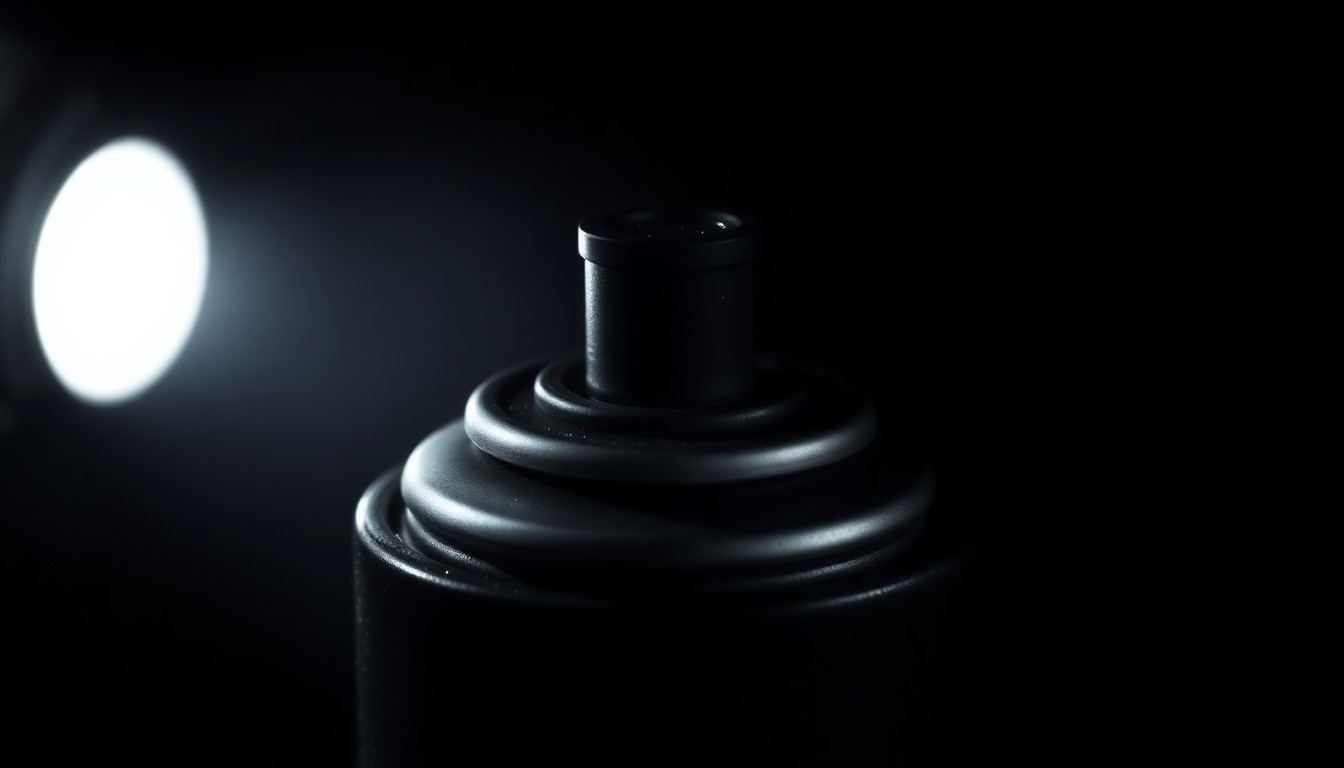 An extreme close-up photograph of a spray paint can cap against a pitch-black background, lit by a harsh camera flash, conceptually representing the investigative nature of the city's crackdown on graffiti vandalism.