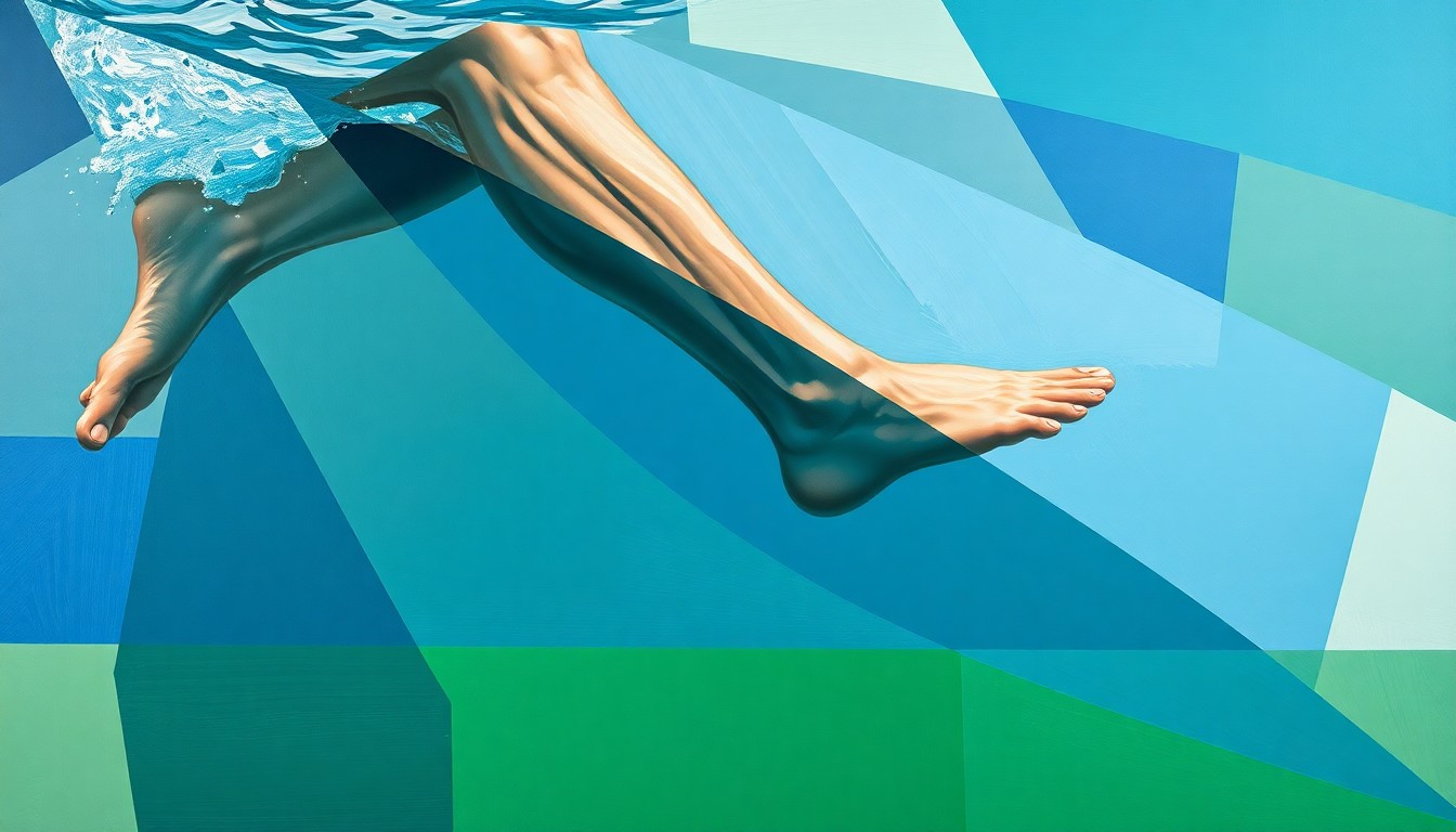 A fractured, geometric painting depicting a swimmer's leg and ankle in motion, with sharp, overlapping planes in shades of blue, green, and gray, conveying the impact of the injury on the team's performance.