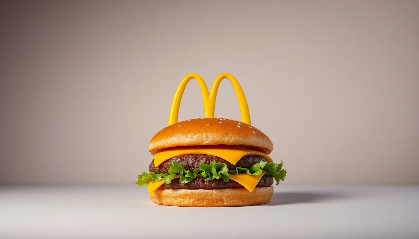 A photorealistic studio still-life photograph of a single, carefully lit McDonald's burger patty on a clean, monochromatic background, representing the abstract corporate strategy behind the company's new menu item launch.