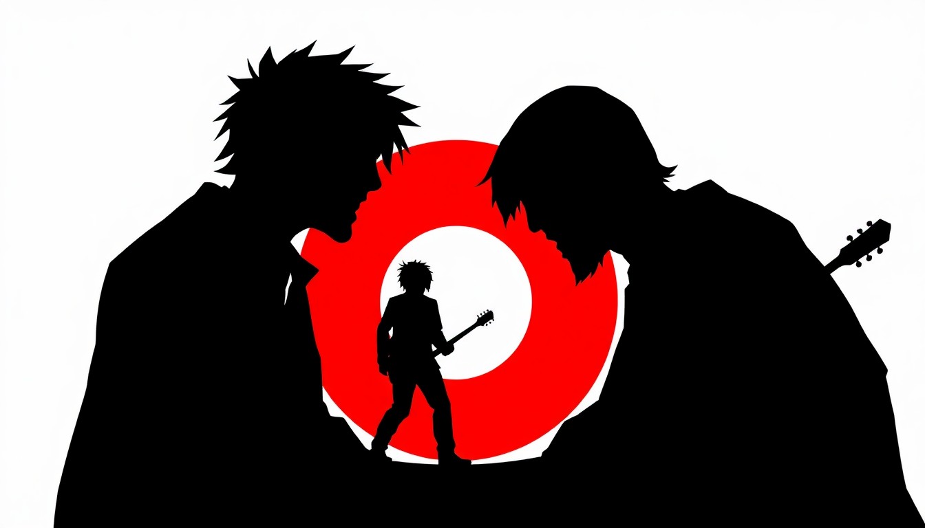 A bold, abstract composition of jagged, geometric shapes in high-contrast red and black, conceptually representing the tensions and rivalries within the 90s grunge music scene.