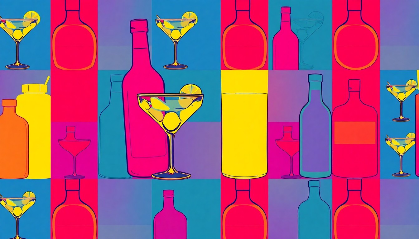 A vibrant, high-contrast silkscreen print featuring a repeated image of a daiquiri glass filled with a bright red cocktail, conceptually representing the creative cocktail program at Mad River Distillers.