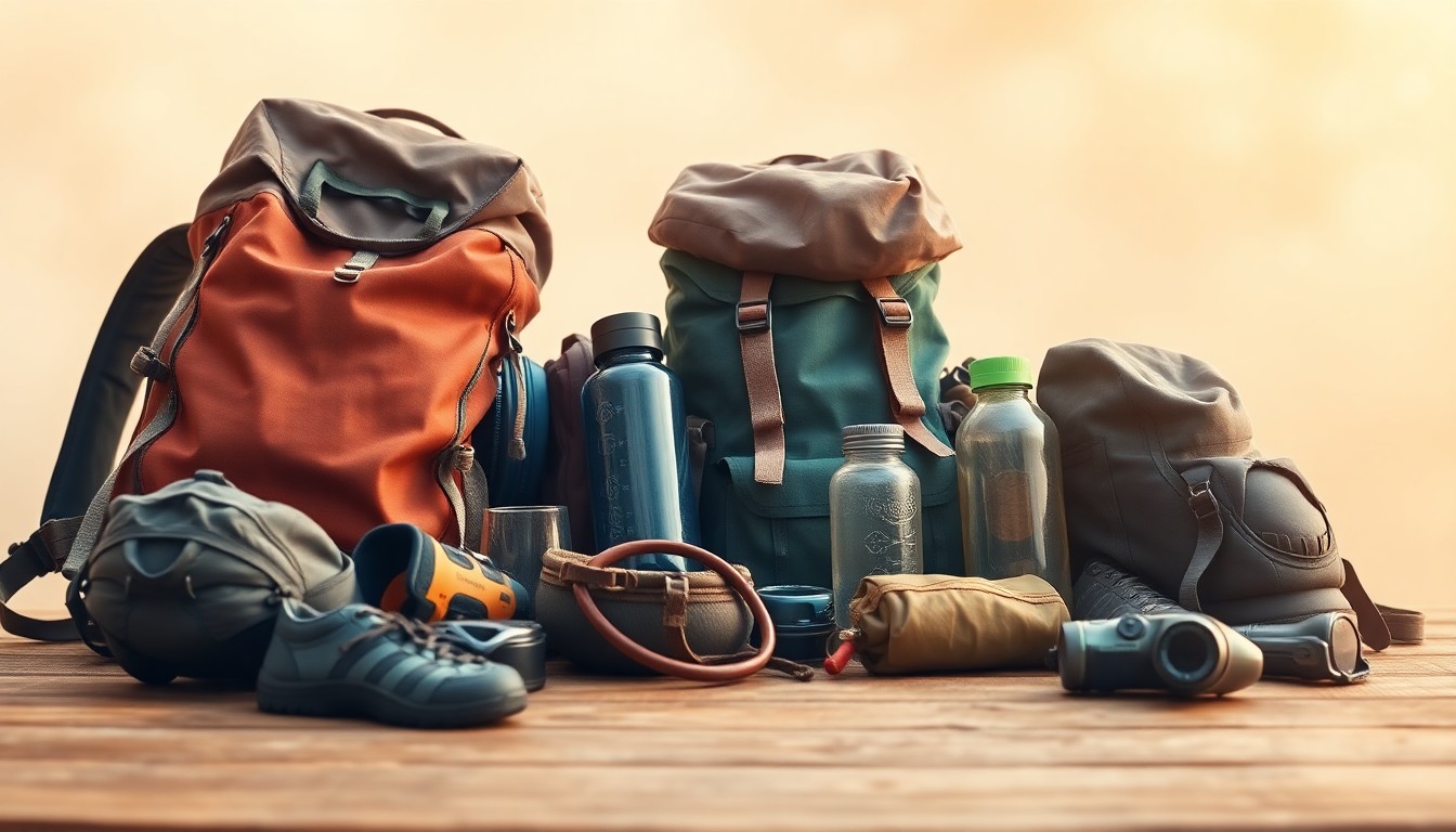 A soft, blurred photograph of various hiking gear items arranged on a wooden surface, conveying a sense of anticipation and preparation for an outdoor adventure.