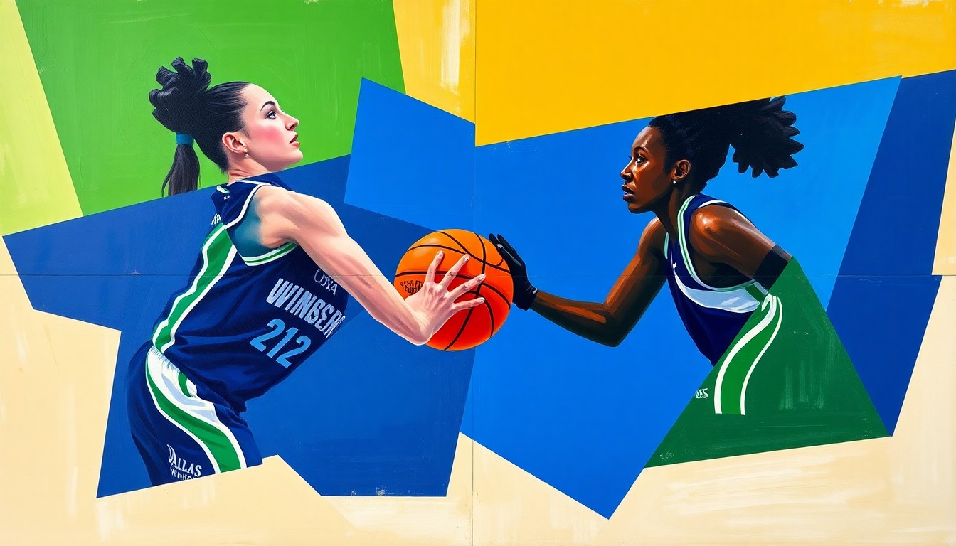 A fractured, cubist-style painting depicting the intense one-on-one basketball match between Paige Bueckers and Arike Ogunbowale, with sharp geometric shapes and planes in vibrant colors representing the players' movements and the competitive energy of the game.