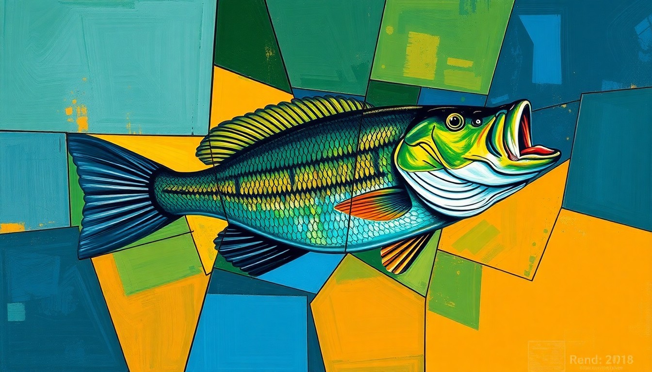 A fractured, geometric painting depicting the diverse elements of a bass fishing tournament, with overlapping planes of deep blue, earthy green, and warm orange hues.