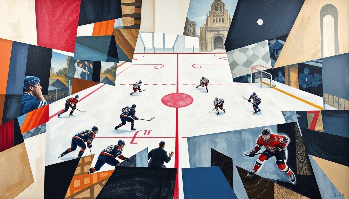 A fractured, multi-perspective painting in the style of Pablo Picasso, breaking a hockey game down into sharp, overlapping geometric planes and forms, capturing the intensity and energy of the competition.