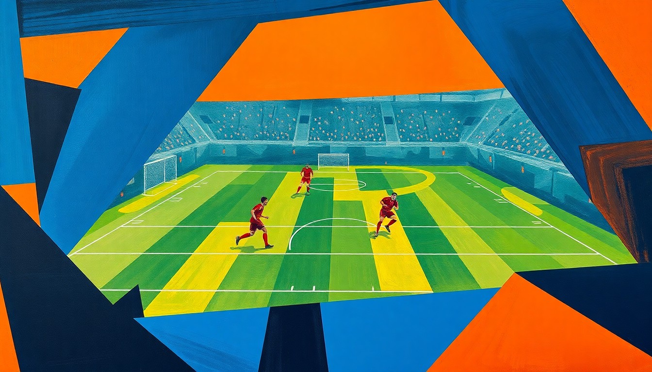 An abstract painting featuring sharp, overlapping geometric shapes and planes in deep blue, forest green, and burnt orange, conceptually representing the strategic complexity and dynamic energy of the NFL Draft.