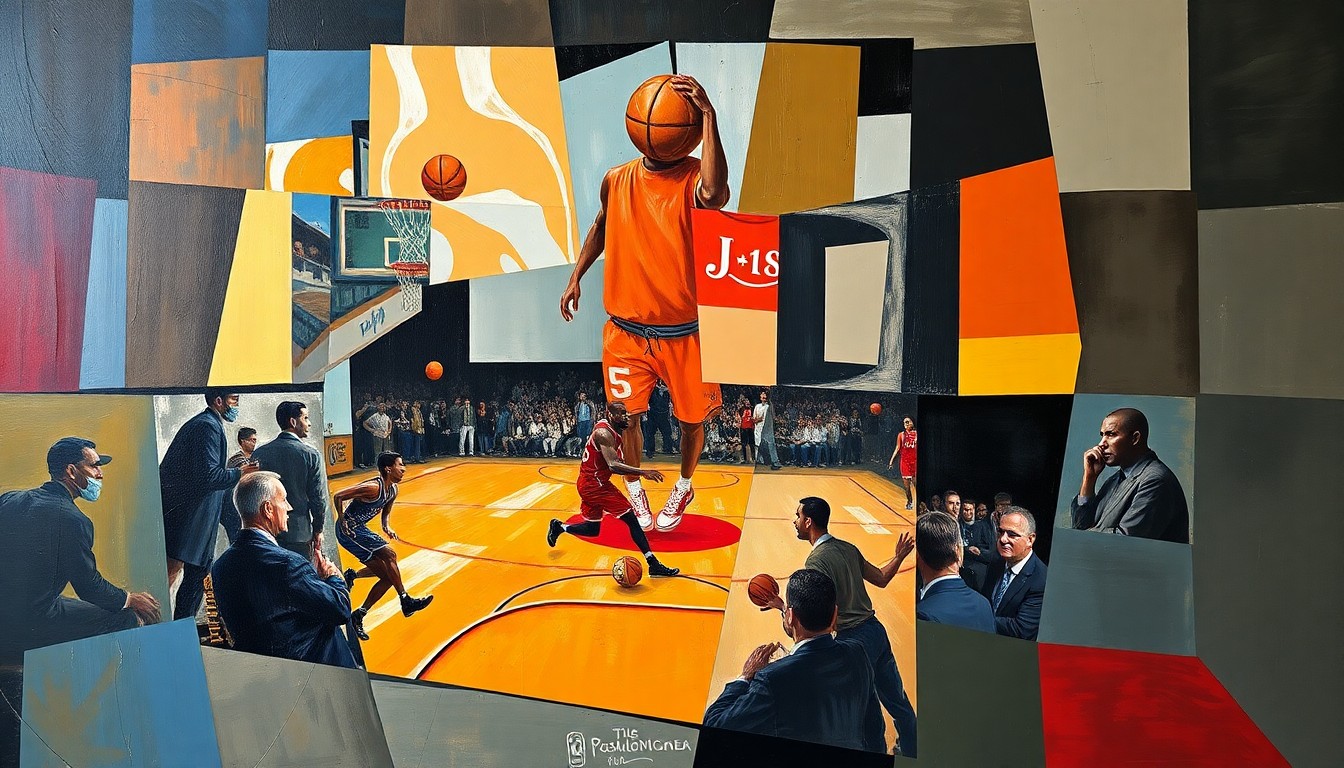 A cubist-style painting depicting a basketball game or match, with the players and court broken down into sharp, overlapping geometric shapes and planes in vibrant colors, representing the Jaquez family's multi-generational involvement in the sport.
