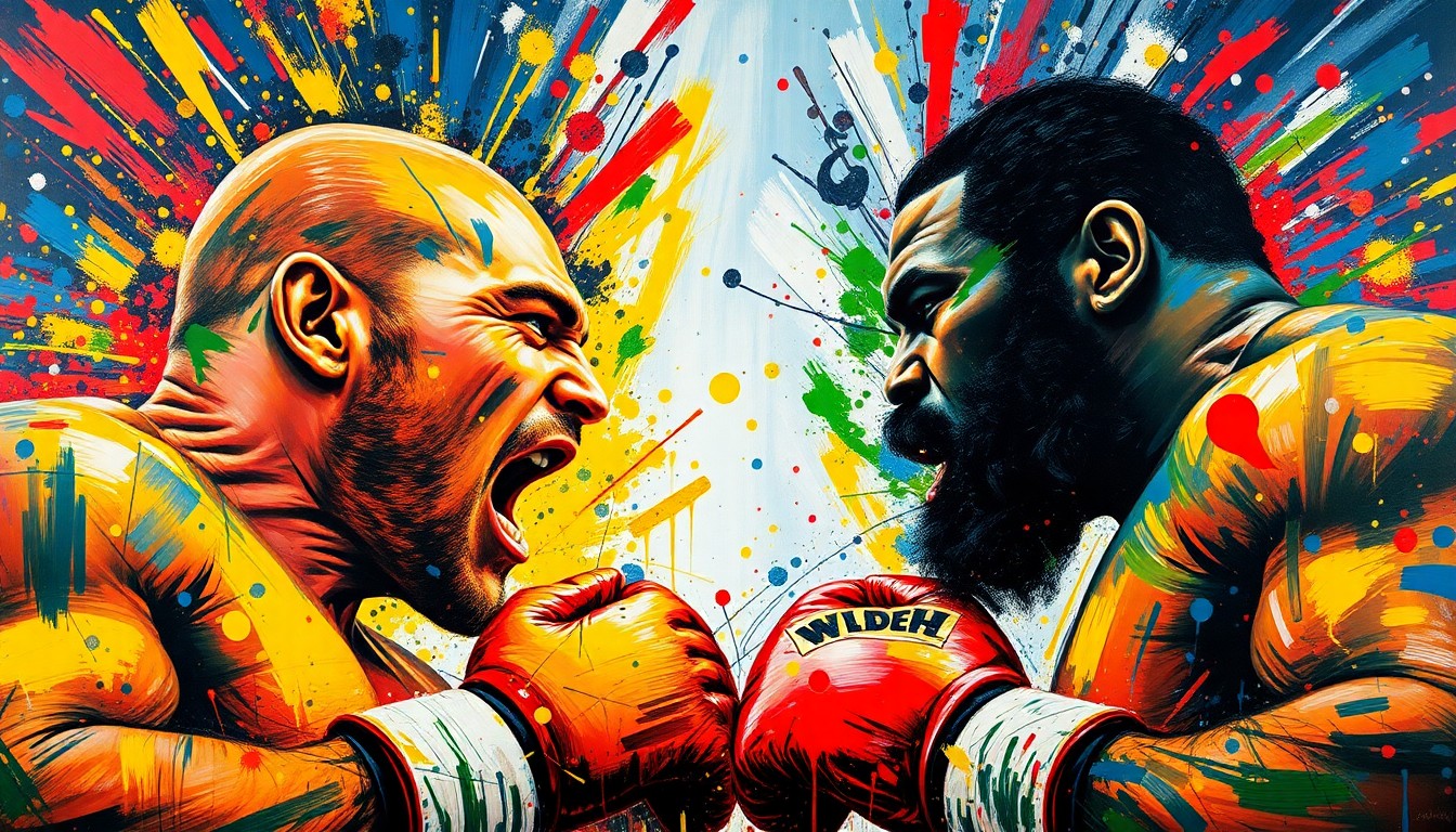 An abstract, expressionist painting in vibrant neon colors, capturing the raw energy and intensity of a heavyweight boxing match, with the figures of the fighters dissolving into unrecognizable brushstrokes.