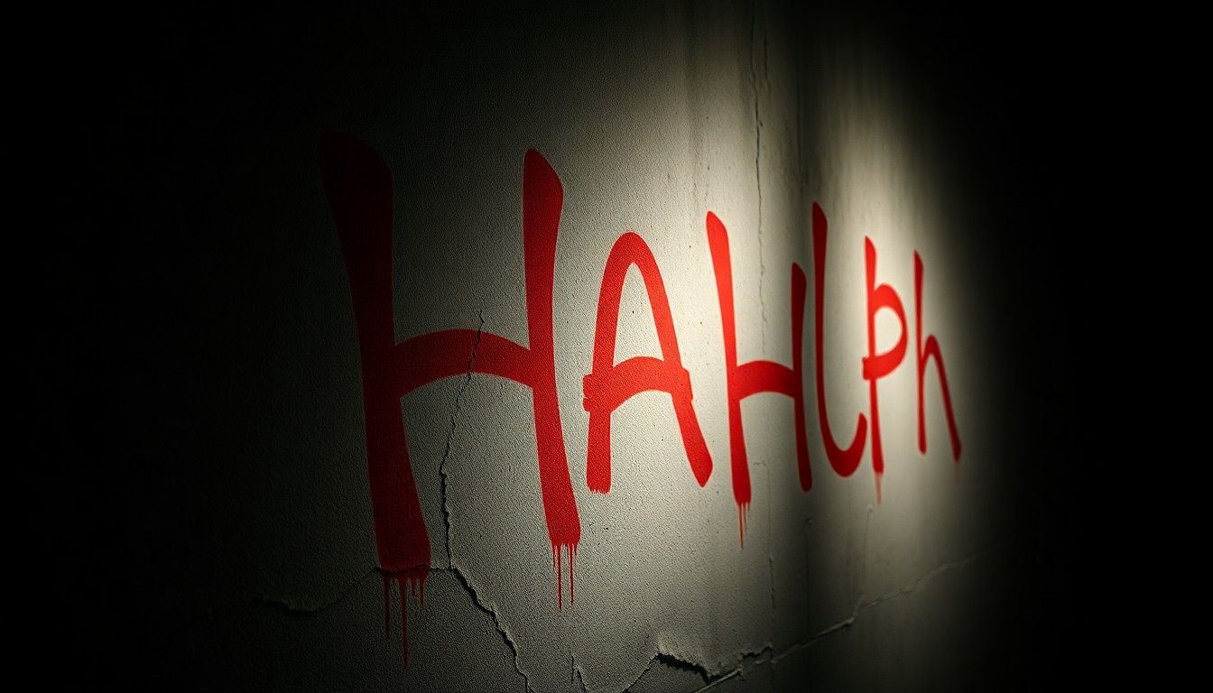 An extreme close-up photograph of a freshly painted graffiti tag on a concrete wall, capturing the harsh, textured details and dramatic lighting to convey the serious impact of vandalism on the urban environment.