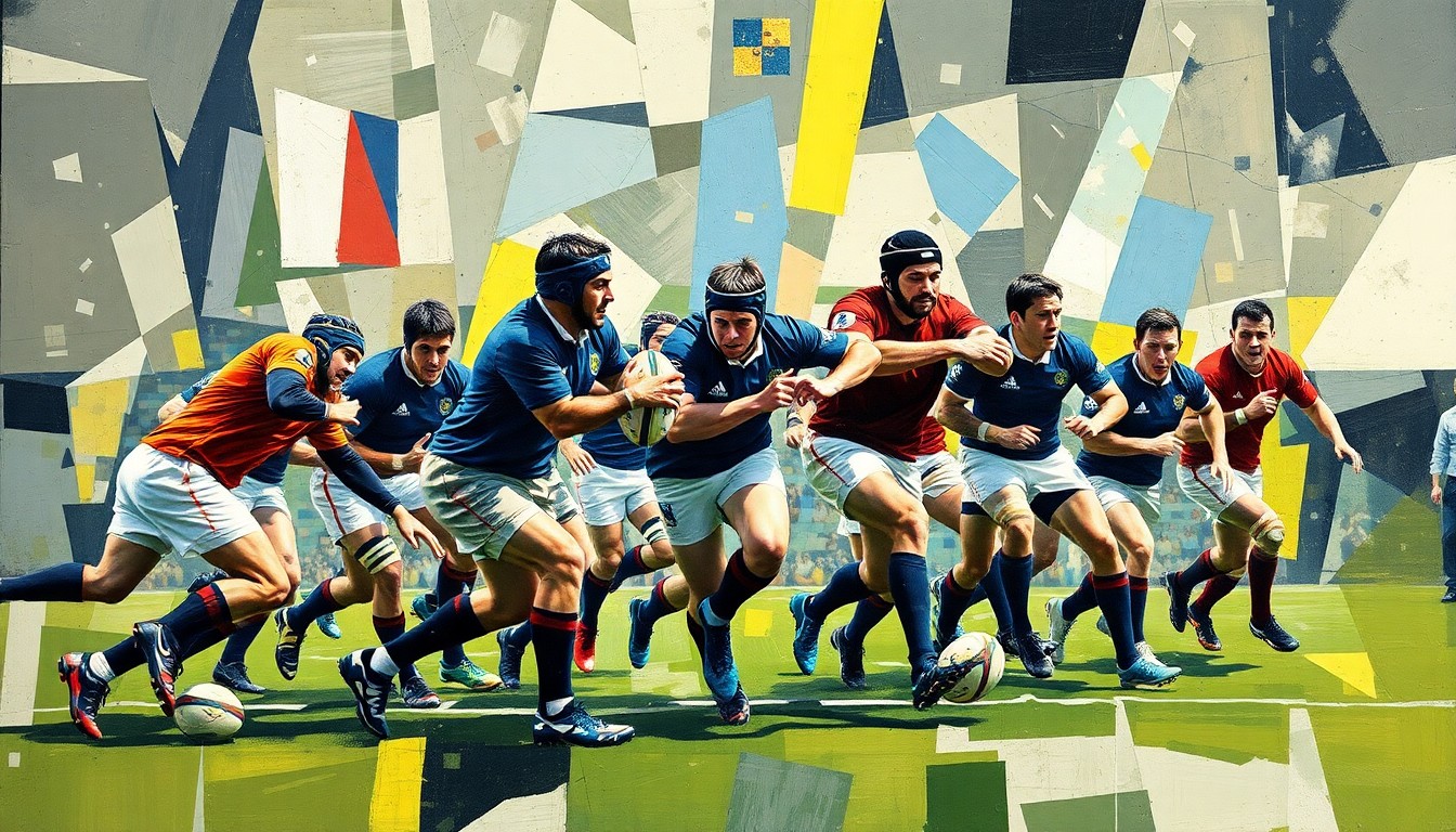 A fragmented, geometric painting depicting the dynamic movements and energy of a rugby match, with the players' forms abstracted into sharp, overlapping planes of color and shape, representing the psychological complexities of an athlete's career.