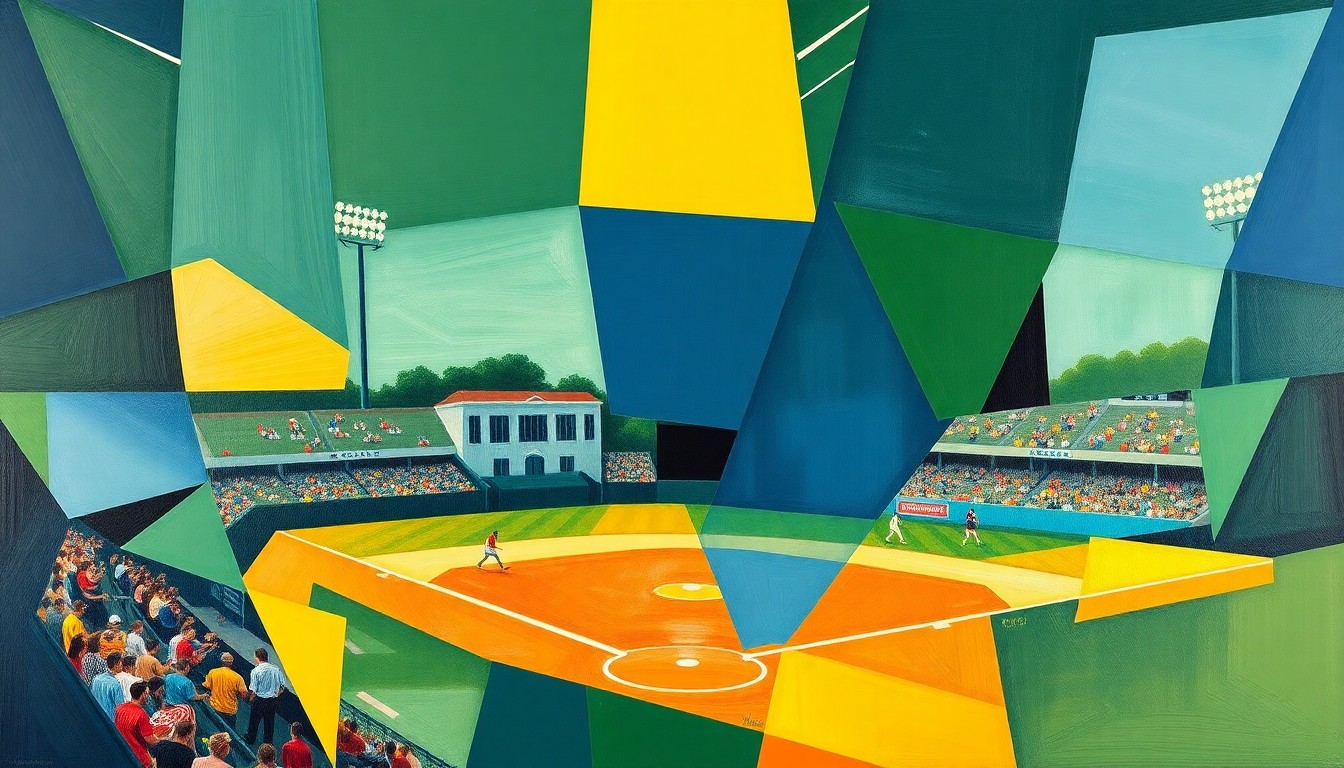 A cubist, geometric painting depicting a high school baseball game, with the players and field broken down into sharp, overlapping planes of green, blue, and yellow, conveying the dynamic energy of the sport.