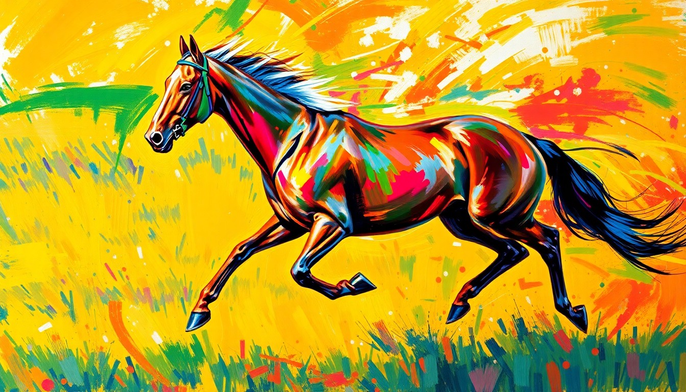 An abstract, expressionist painting in vibrant neon colors depicting the powerful, graceful movement of a horse galloping through a verdant field, conceptually representing the retirement of a champion racehorse.