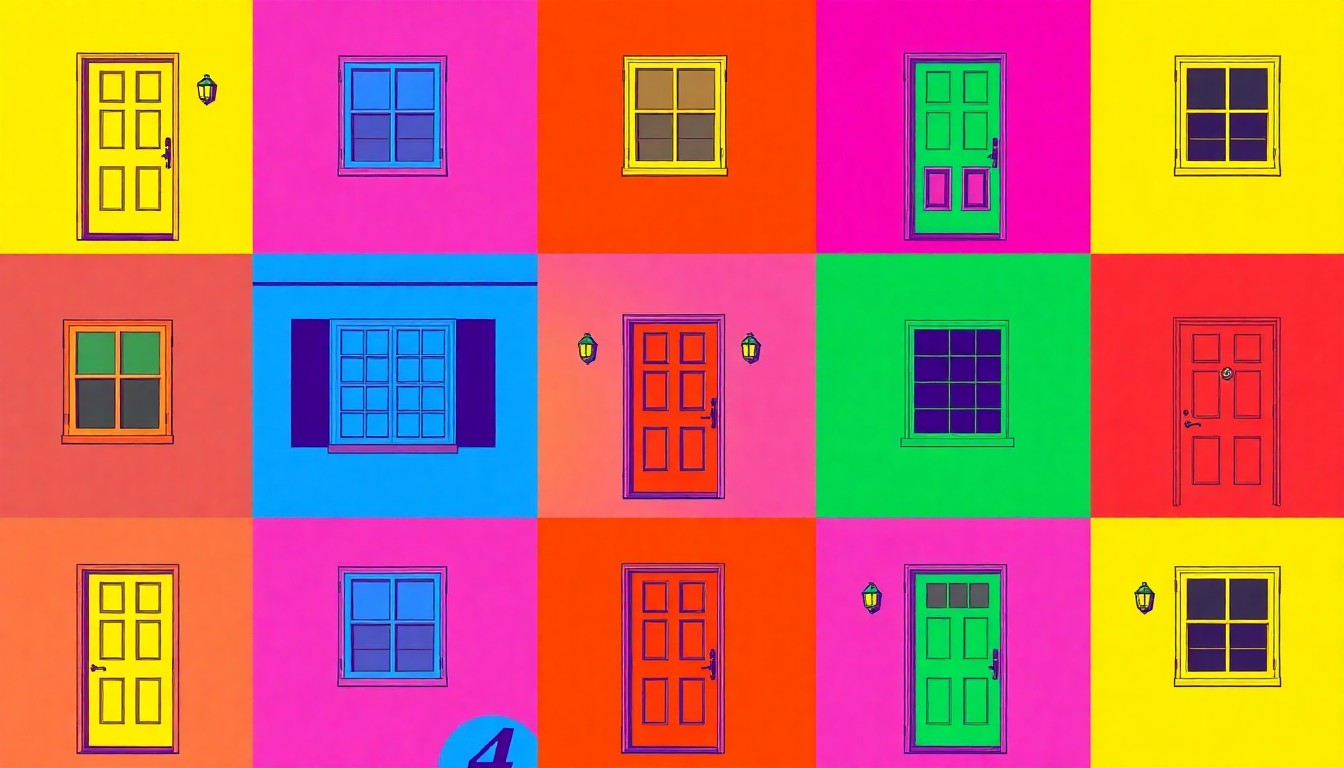 A brightly colored, high-contrast silkscreen-style illustration featuring a repeating pattern of a single iconic home exterior element, such as a front door or window, rendered in a bold, neon color palette with heavy black outlines to create a modern, pop art aesthetic.