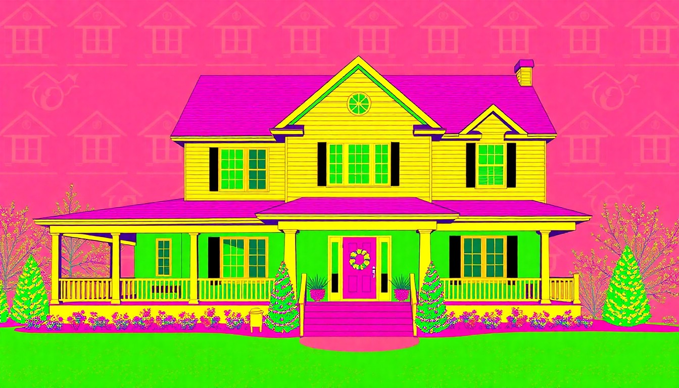 A brightly colored, high-contrast silkscreen print of a large, two-story Craftsman-style home with a wrap-around porch, repeated in a tight grid pattern in vibrant neon hues and heavy black outlines, conceptually representing the growing luxury real estate market in Ashland, Virginia.