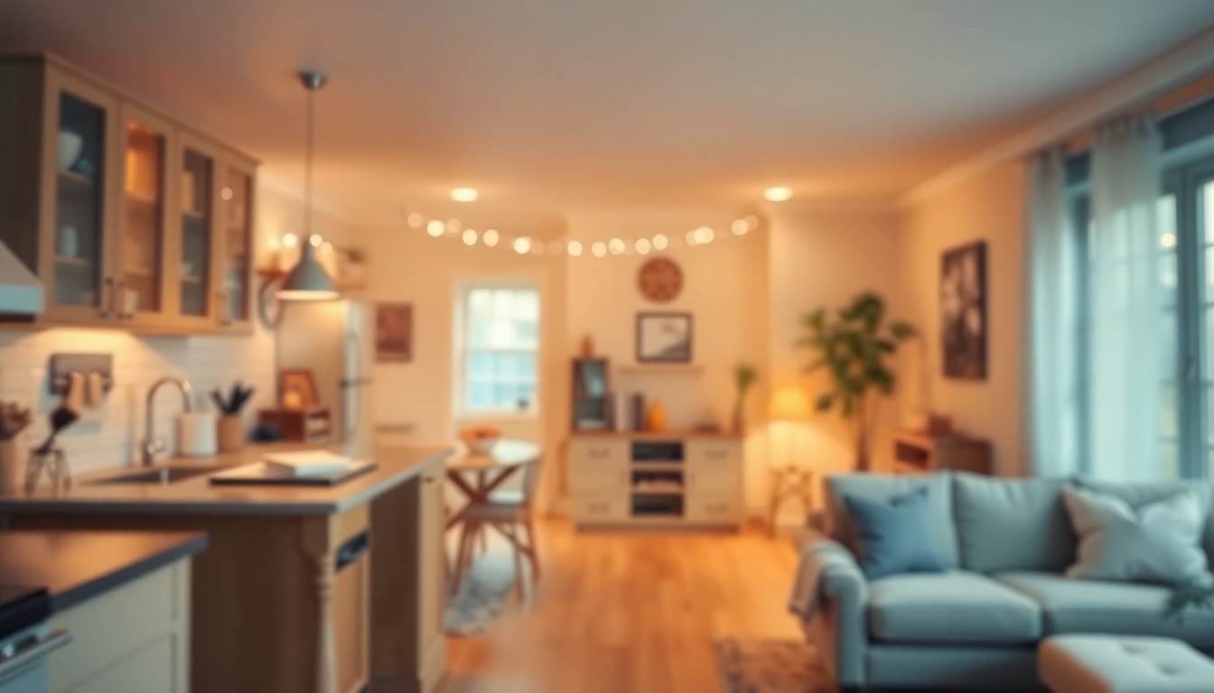 An abstract, out-of-focus photograph in soft, warm tones depicting the interior of a cozy home, with hints of lifestyle details like furniture and decor, conveying a sense of comfort and relaxation.