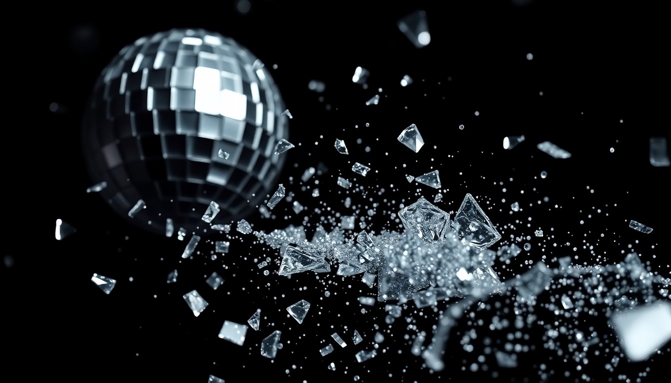 An extreme close-up photograph of shattered, glittering disco ball glass fragments against a stark black background, conveying the high-energy, glamorous atmosphere of the Grammy Awards ceremony.
