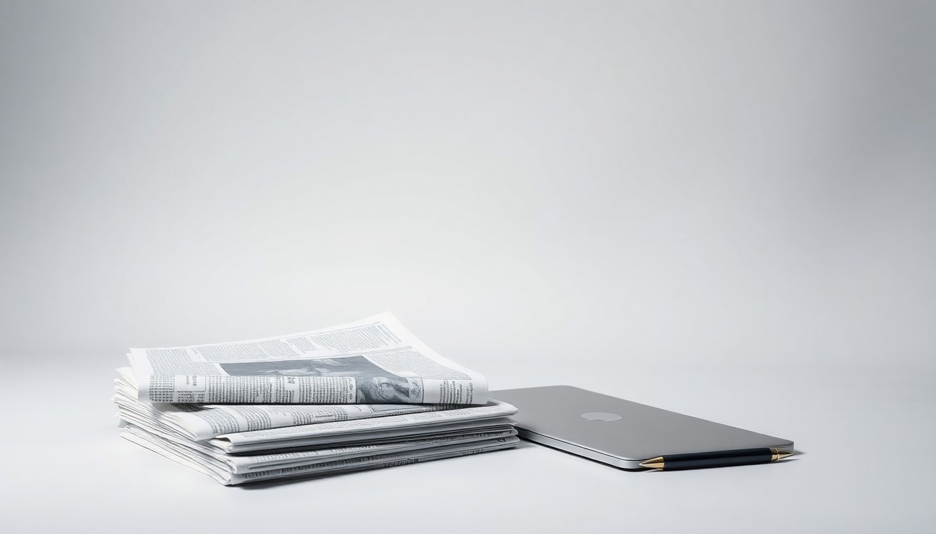 A minimalist, photorealistic studio still life featuring a stack of newspapers, a laptop, and a pen arranged on a clean, white background, symbolizing the evolving relationship between media and technology.