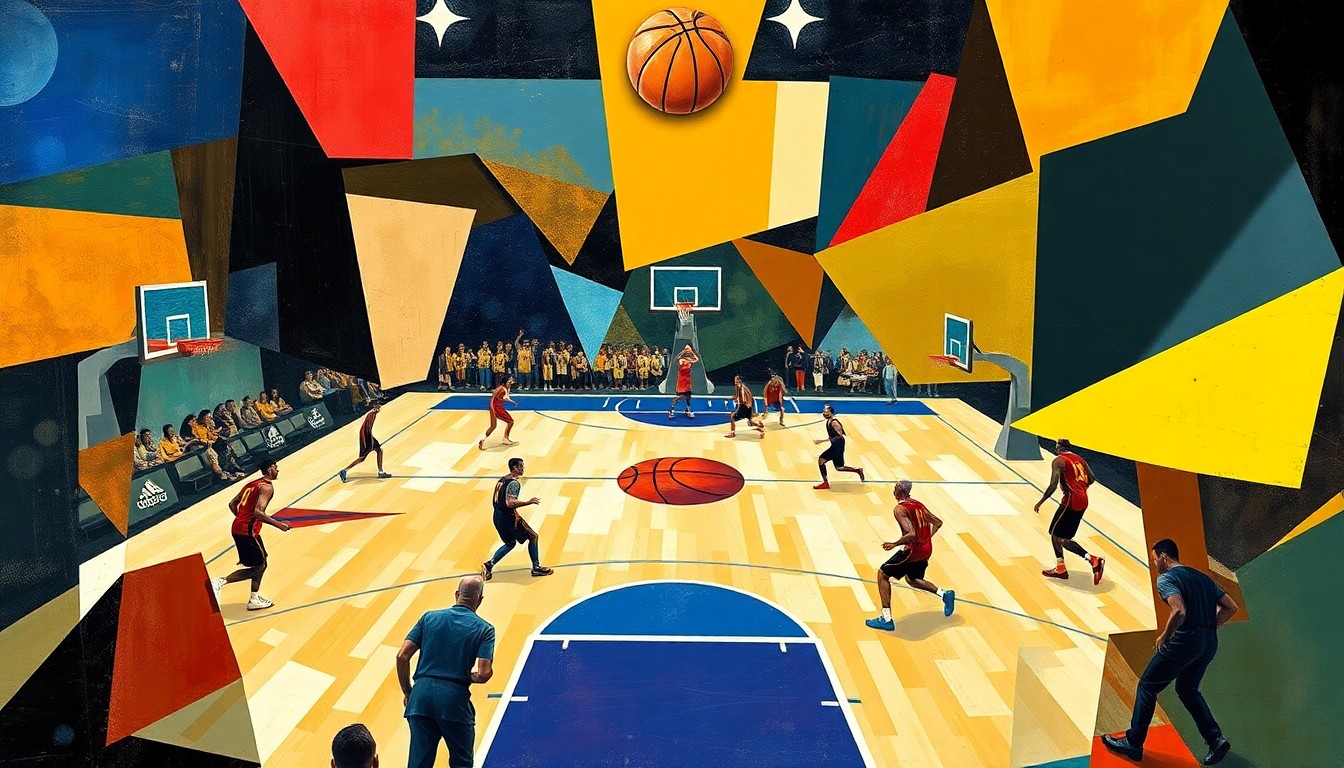 A cubist, geometric painting depicting a fragmented basketball court and players, with sharp, overlapping planes of color and form representing the disjointed nature of the Bulls' organization.