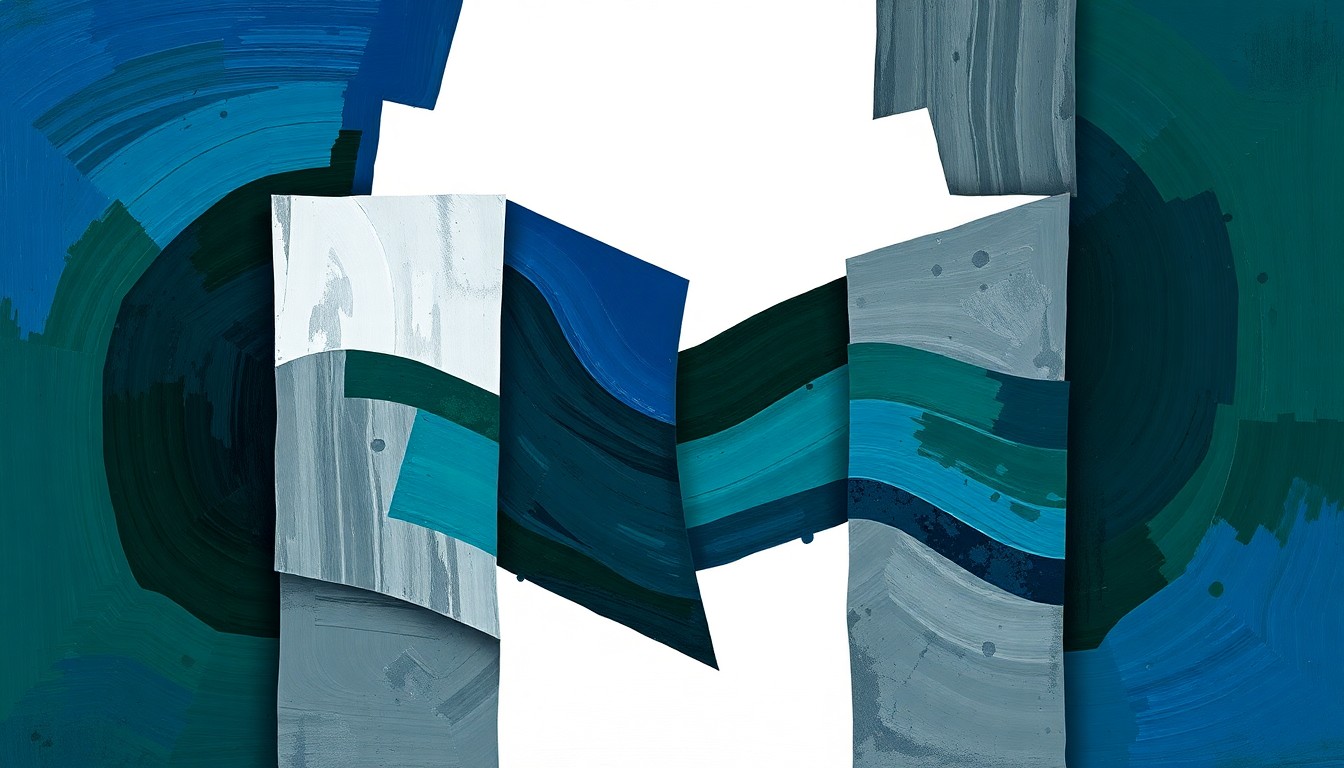 A fractured, geometric painting of a voting booth or ballot box in overlapping waves of deep blue, forest green, and charcoal gray, conceptually representing the chaotic and partisan nature of the voting system changes in Dallas County.