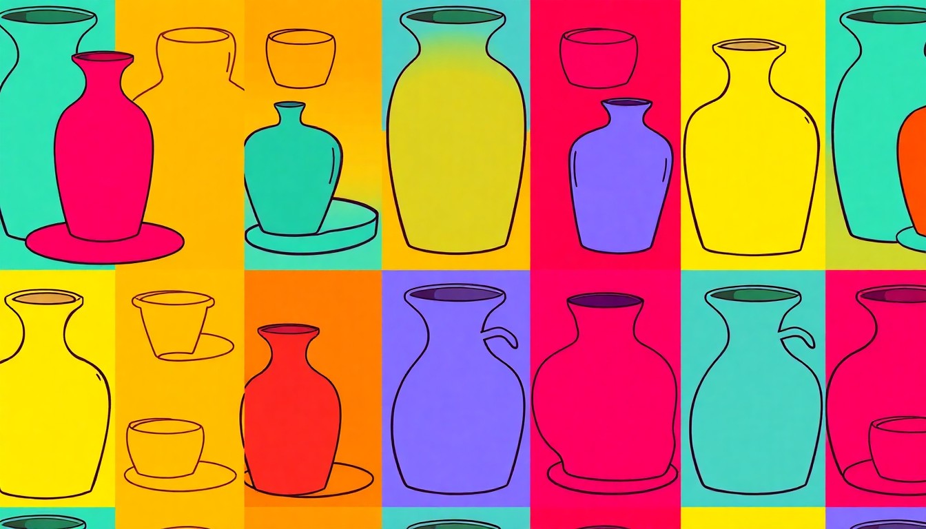 A high-contrast, silkscreen-style illustration featuring a repeating grid of a ceramic vase with an abstract face, rendered in a vibrant color palette of neon pink, electric blue, and highlighter yellow, conceptually representing Staud's bold and playful approach to home design.