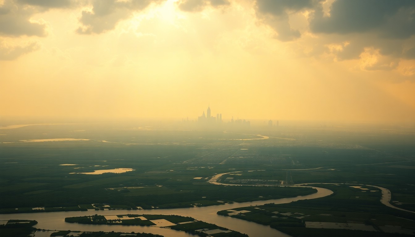 A sweeping, atmospheric landscape painting depicting the New Orleans skyline and surrounding wetlands under a dramatic, hazy sky, conveying the sublime scale and mood of the warm, breezy weather conditions.