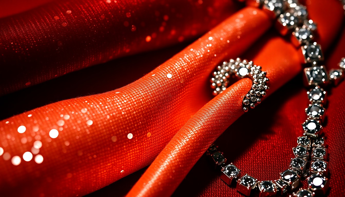 An abstract close-up photograph featuring a rich, textured fabric in shades of gold and bronze, evoking the glamour and luxury associated with celebrity fashion and culture.