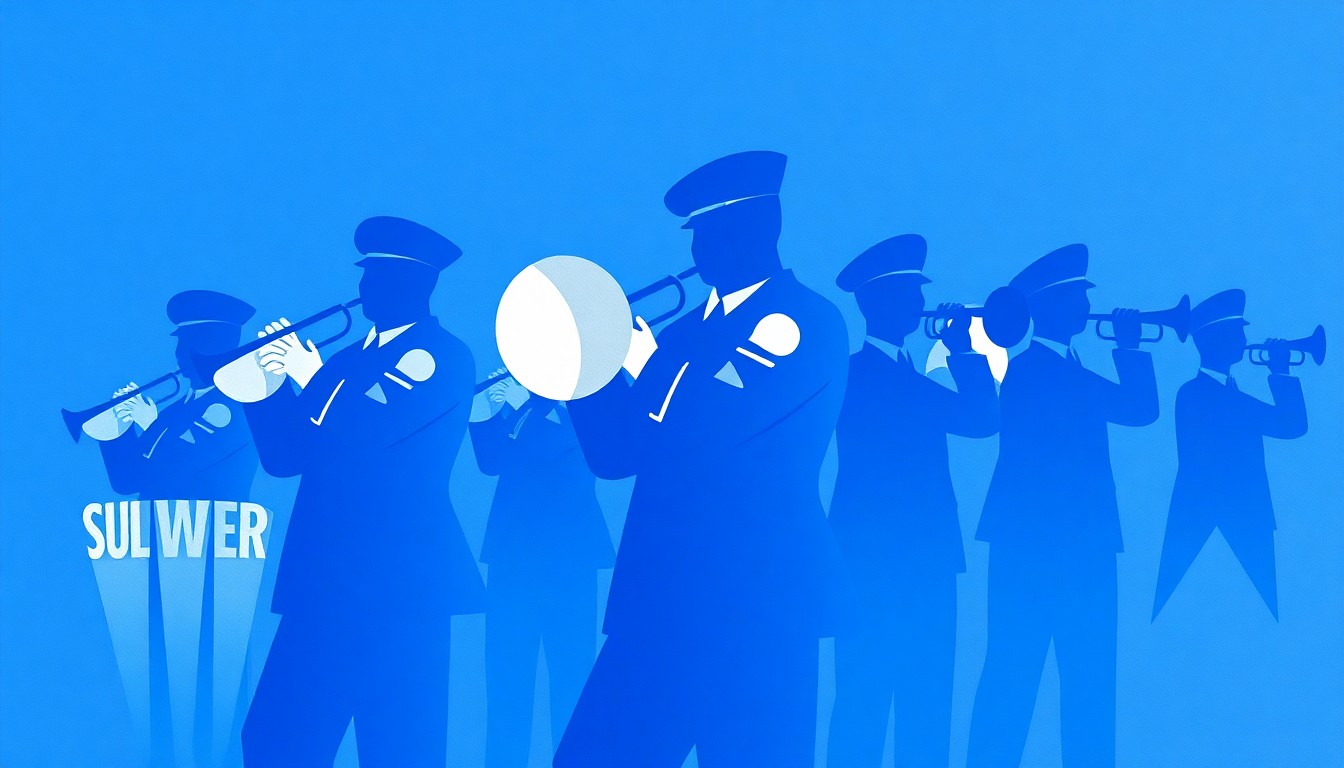 An abstract, minimalist illustration featuring sharp, angular shapes in shades of blue and silver, conceptually representing the energy and artistry of a military band performance.