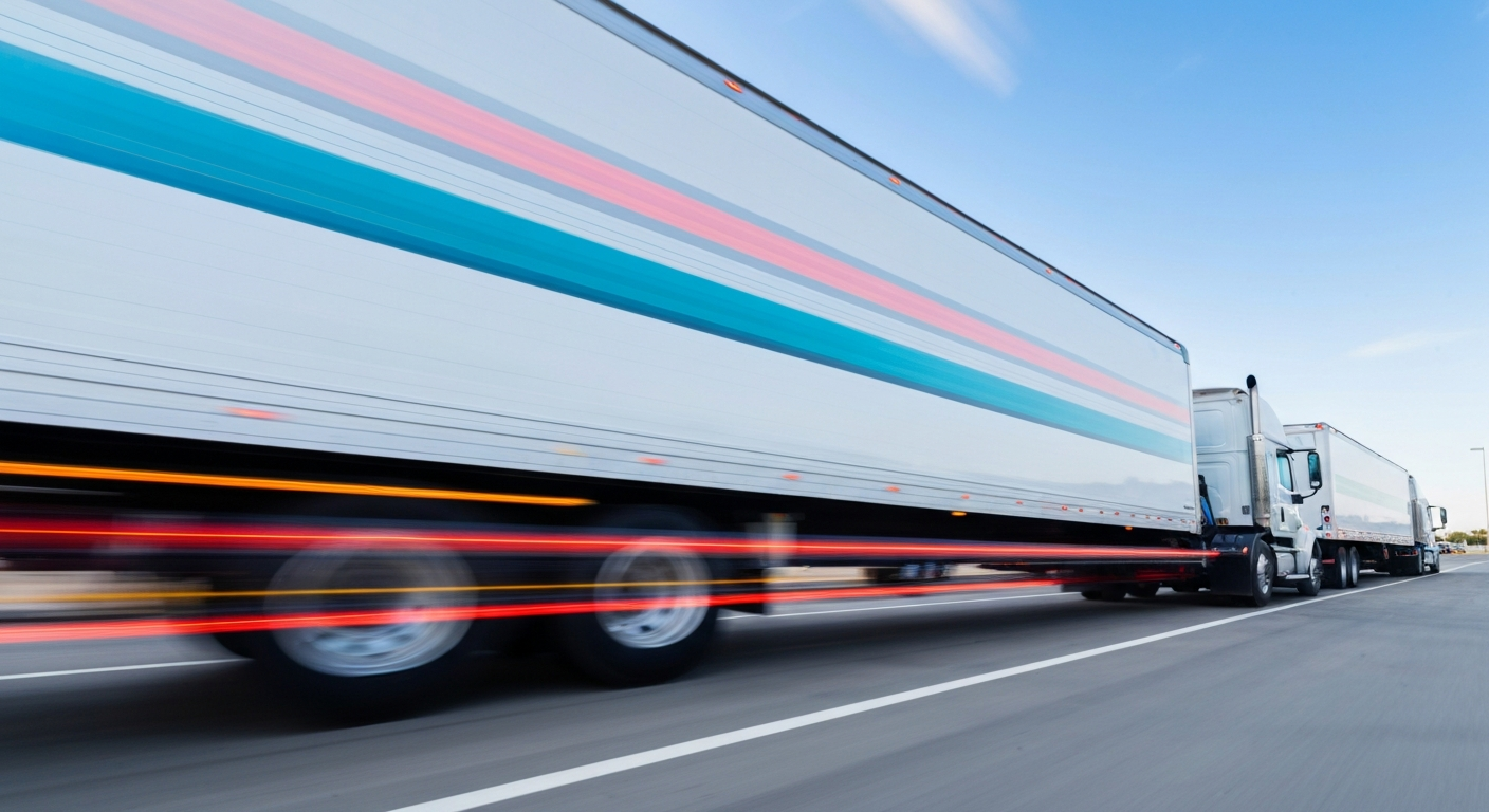 A dynamic, abstract color photograph depicting the motion and energy of electric trucks charging at a new hub, with the vehicles blurred into sweeping streaks of vibrant colors.