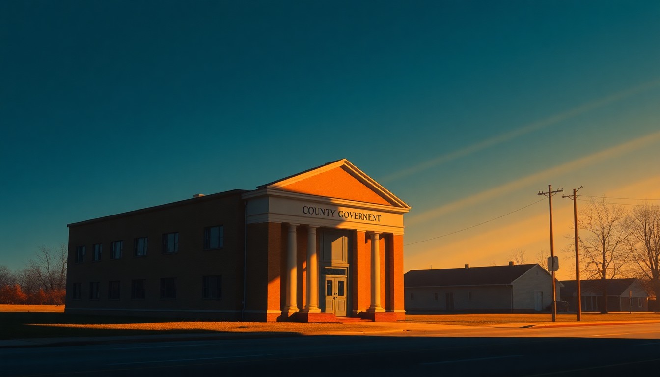 A serene, nostalgic painting of a rural county government building, its facade illuminated by warm, angled sunlight and cast in deep shadows, capturing the quiet importance of local politics.