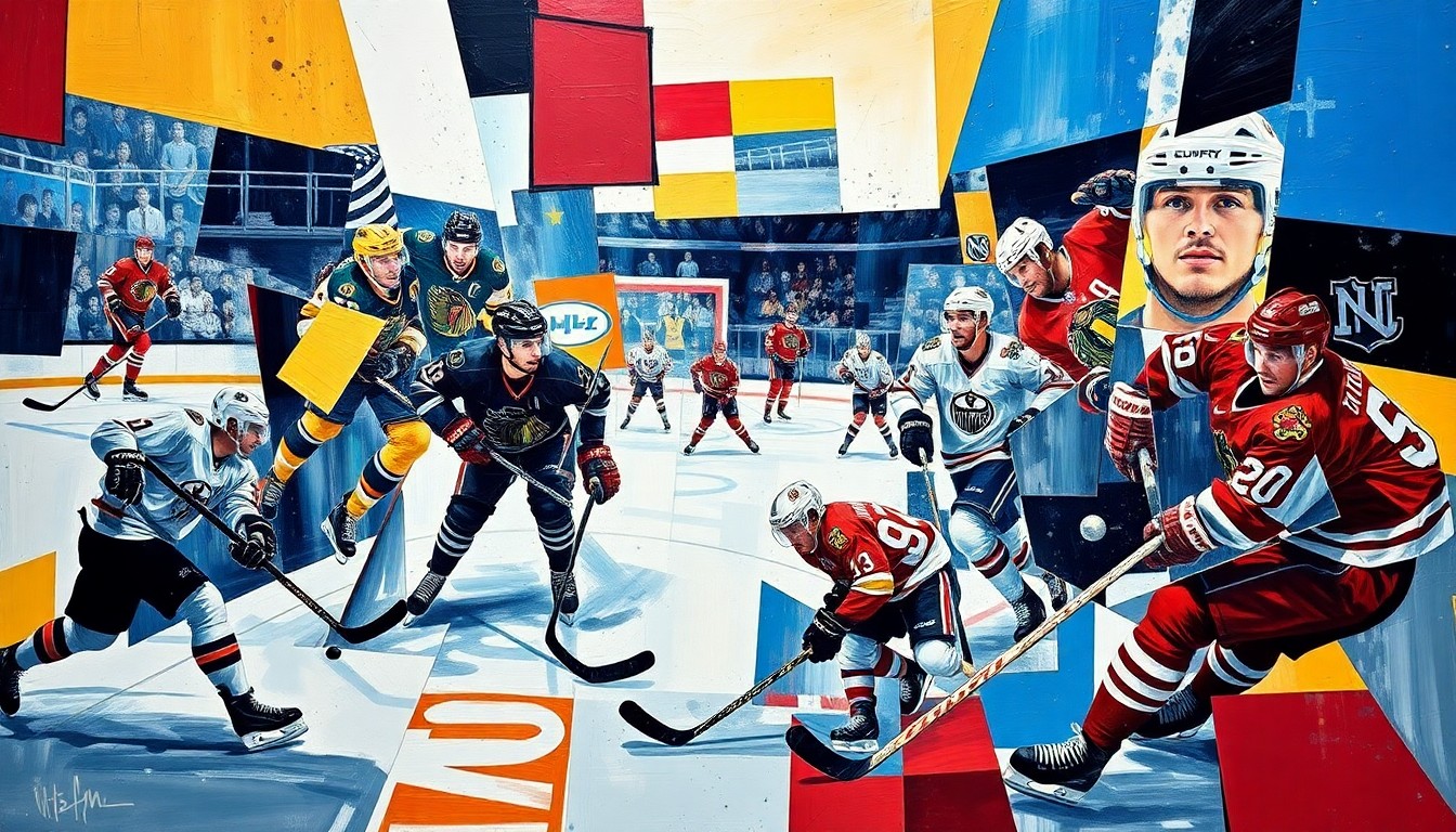 A cubist, geometric painting depicting various NHL players and team logos deconstructed into sharp, overlapping shapes and planes, conveying the complex decisions teams face in free agency.